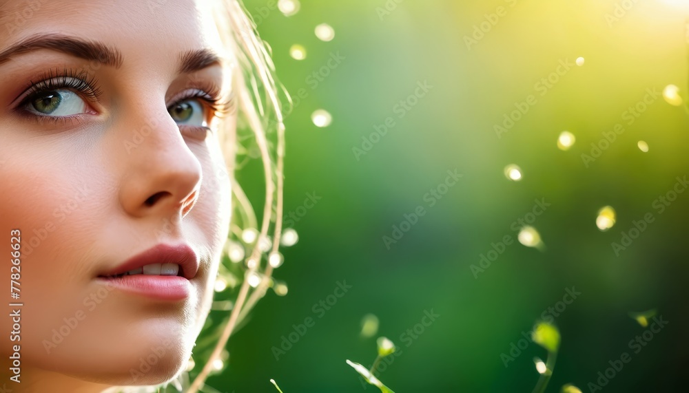 Fototapeta premium A woman's face, tightly framed Dandelion in foreground, focus sharp Background softly blurred
