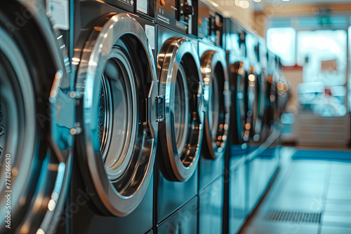 A row of industrial washing machines in a public laundromat