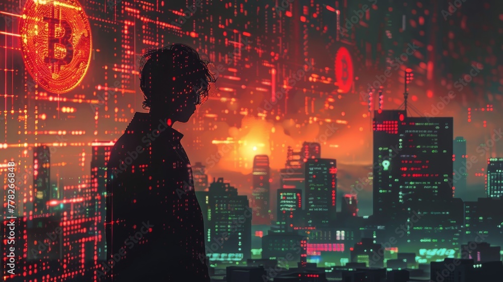 A man stands in front of a cityscape with a large B on the left side of the image A man stands in front of a cityscape with a large B on the left side of the image