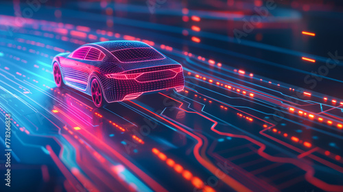 Graphic images, illustrations, cars, futuristic vehicles. Vehicles running on the road with automatic running control system