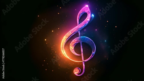 Music key neon colors on black background. Music notes abstract. blue,orange various colors neon Music notes rainbow smoke wave background. Music notes 4k video effect sparkling photo