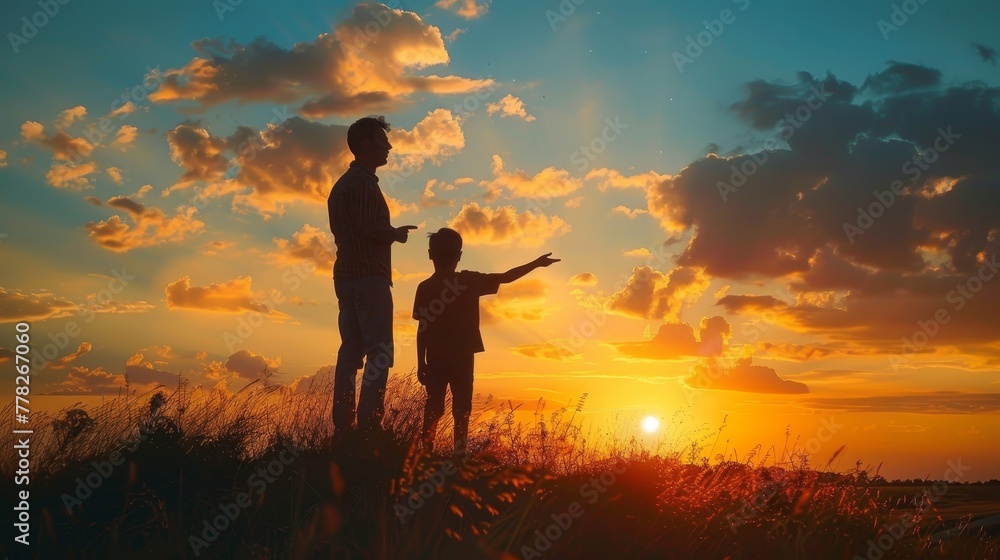 A man and a child are standing on a hillside, looking up at the sun. The sky is filled with clouds, creating a moody atmosphere