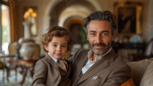 Family Portrait: In a classic and elegant setting, a fashionable father and his son pose for a timeless portrait. Dressed in their finest attire, they exude sophistication and grac