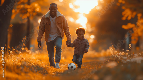 Family Fun: In the comfort of their own backyard, a fashionable father and his son engage in a friendly game of soccer. Their sporty yet stylish outfits reflect their active lifest