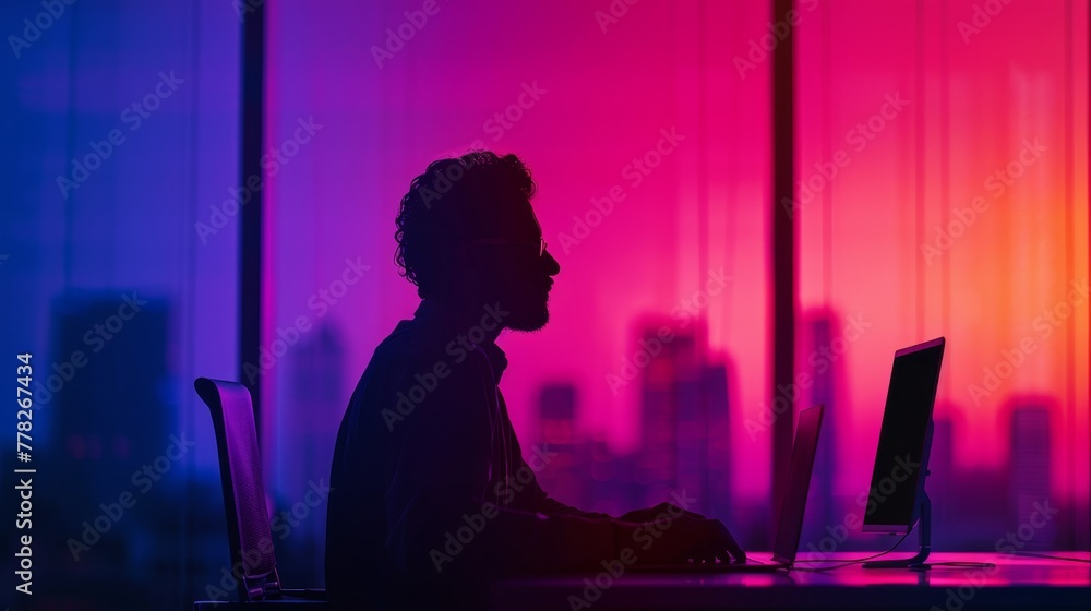 A man is sitting at a desk with a laptop and a monitor. The room is dimly lit and the man is wearing glasses. The city skyline can be seen in the background. Scene is calm and focused A man is sitting at a desk with a laptop and a monitor. The room is dimly lit and the man is wearing glasses. The city skyline can be seen in the background. Scene is calm and focused
