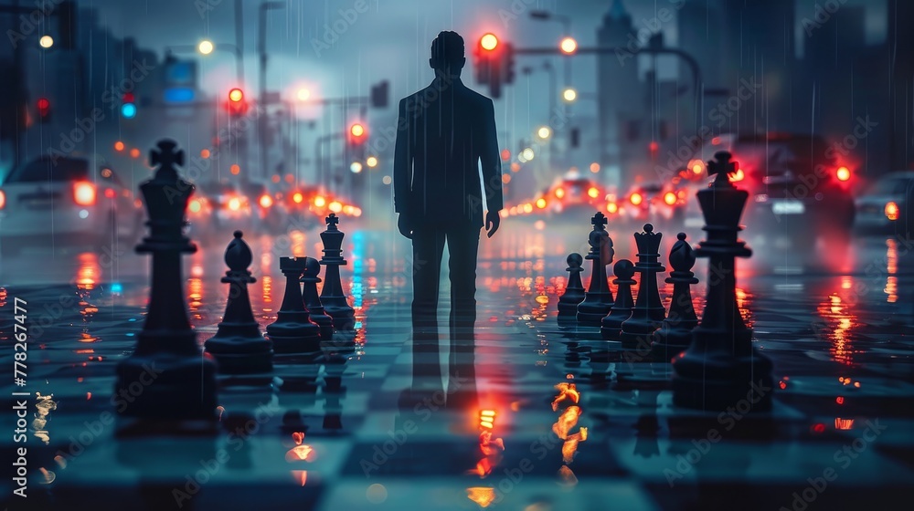 A man stands in front of a row of chess pieces on a wet street. The scene is dark and moody, with the man's silhouette and the reflection of the chess pieces in the water creating a sense of mystery
