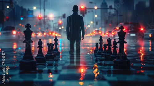 A man stands in front of a row of chess pieces on a wet street. The scene is dark and moody, with the man's silhouette and the reflection of the chess pieces in the water creating a sense of mystery