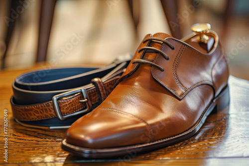 Formal leather shoes and belt photo