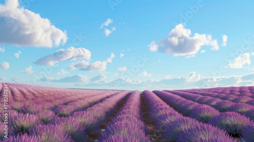 Bright colors of a lavender field against a clear blue sky
