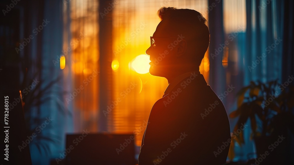 A man in a suit is standing in front of a window, looking out at the sunset. Concept of calm and reflection, as the man takes in the beauty of the sunset