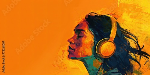 Girl woman wearing headphones music wave on orange background