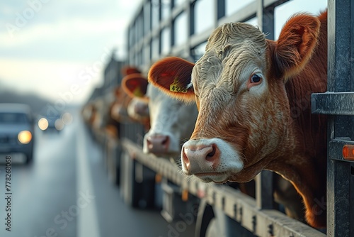 A convoy of livestock hauler trucks carrying cattle, their heads peeking out from the slatted sides of the trailers