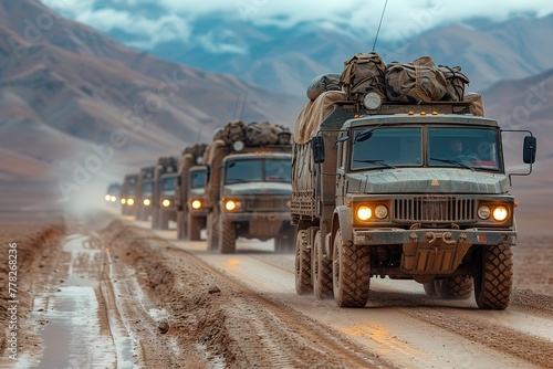 A convoy of military transport trucks carrying troops and equipment through a remote desert landscape