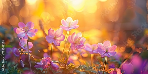 Spring morning delicate lilac flowers spring rays background