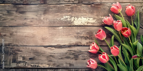 Delicate pink tulips on a background of wood