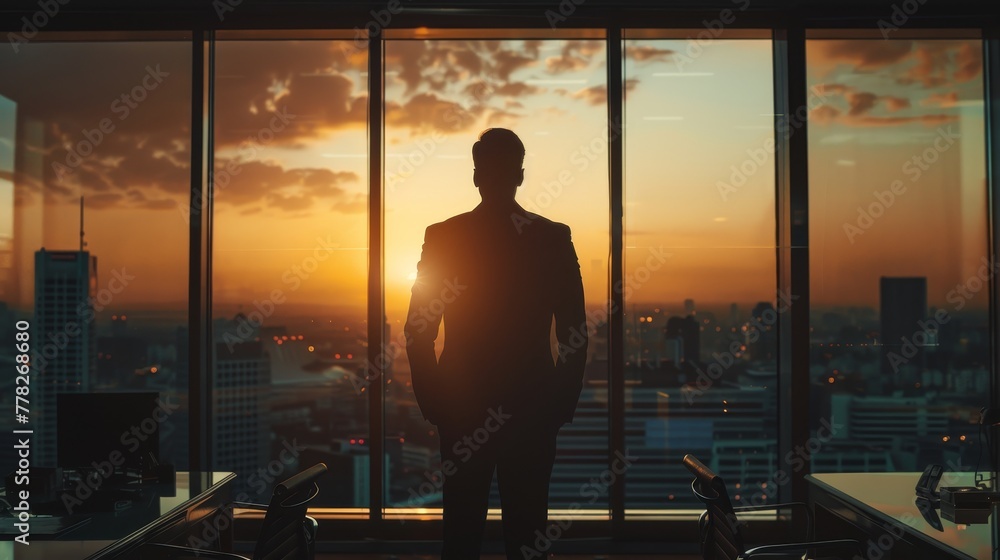 A man in a suit stands in front of a window looking out at the city. The sun is setting, casting a warm glow over the buildings. The man is lost in thought
