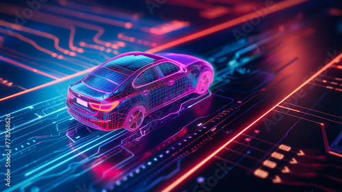 Graphic images, illustrations, cars, futuristic vehicles. Vehicles running on the road with automatic running control system