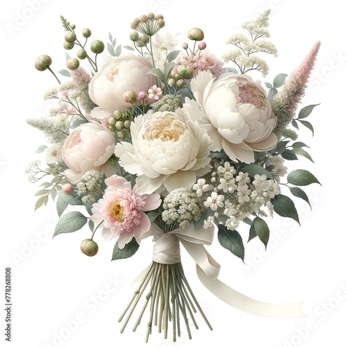 Watercolor Painting of a Bridal Bouquet, Peonies, Nielle, Achillea, Orlaya Grandiflora Flowers photo