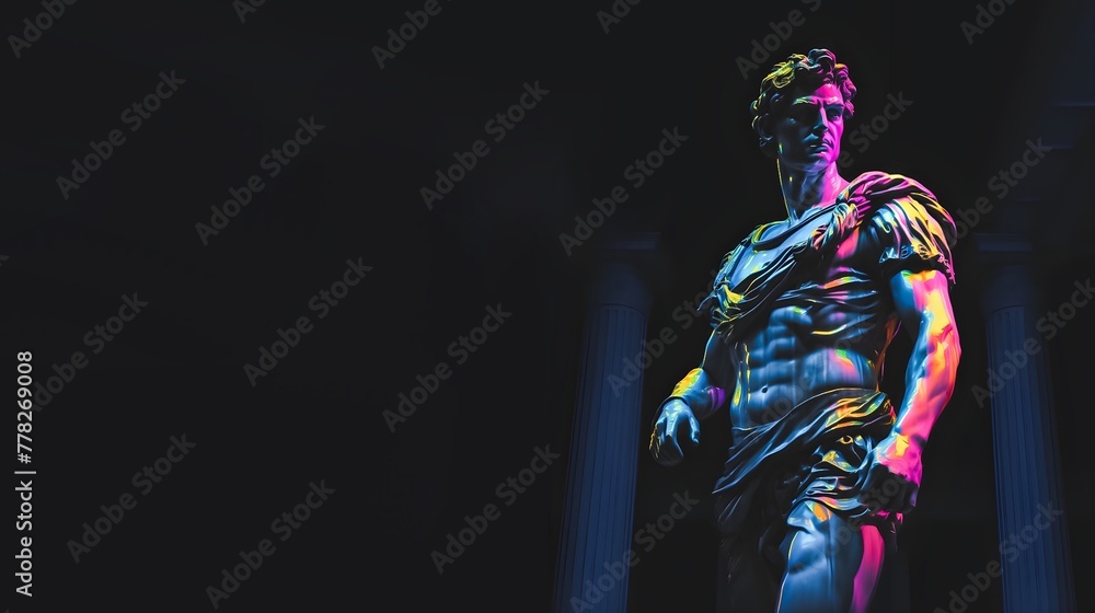 Modern Digital Renaissance Man dripping with neon paint  glow, Greek Roman Style Statue, Futurism Minimalist Concept Render	