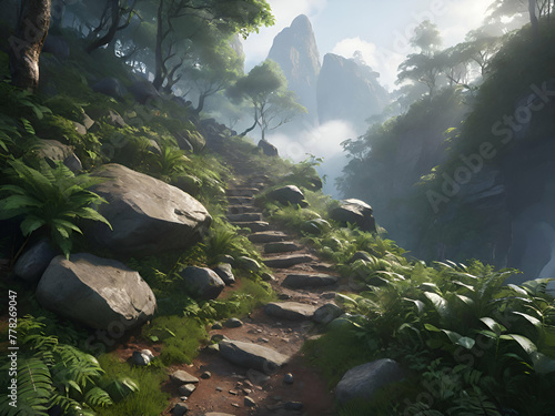 The path in the forest is full of rocks on the high mountains. The rainforest is humid and covered with mist. In the morning sunrise