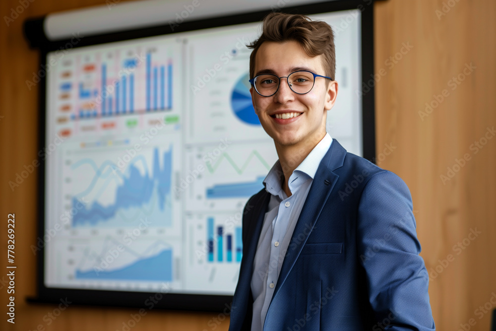 Smiling young businessman or investor in modern office. Business vision and investment concept Smiling young businessman or investor in modern office. Business vision and investment concept