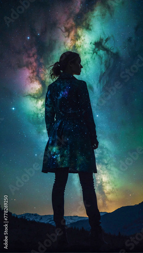 dark silhouette of a woman that stands before a beautiful moving night sky with galaxies and stars