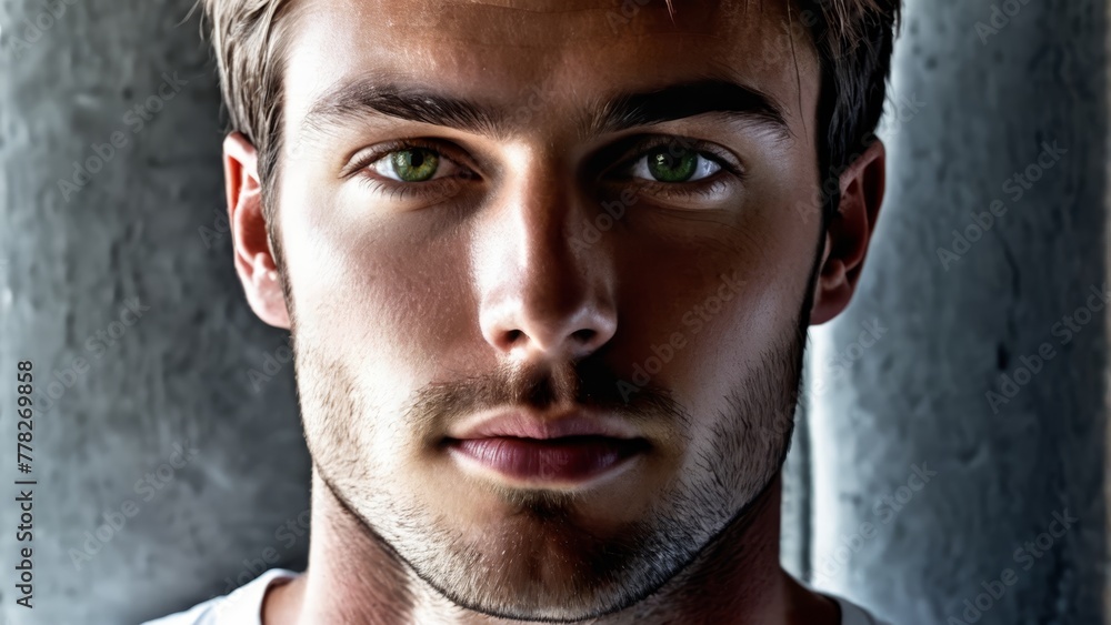 A man with green eyes gazes intently into the camera, wearing a pristine white shirt A man with green eyes gazes intently into the camera, wearing a pristine white shirt
