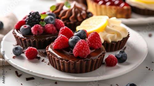 An array of delectable desserts, including chocolate cake, mixed berry tart, Lemon Meringue Tart, and chocolate tart, skillfully crafted by a pastry chef.