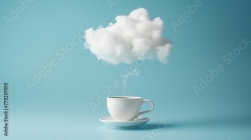 "A white ceramic cup of aromatic drink sits below a floating cloud, symbolizing the concept of contemplative thoughts during a coffee break. Set against a blue background