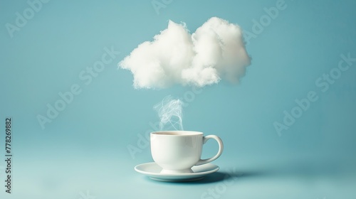 "A white ceramic cup of aromatic drink sits below a floating cloud, symbolizing the concept of contemplative thoughts during a coffee break. Set against a blue background