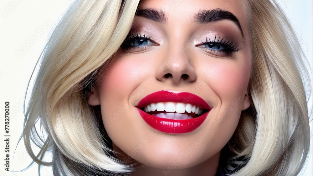 Close-up of a woman with blonde hair and red lipstick against a white background Close-up of a woman with blonde hair and red lipstick against a white background