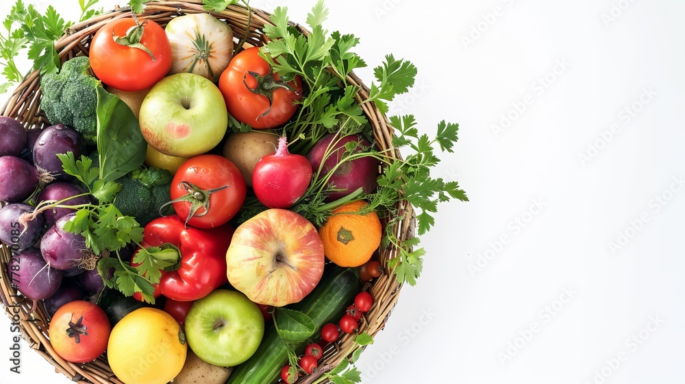 Studio photography of various fruits and vegetables arranged in a basket, isolated on a white backdrop, captured from a top view perspective. Studio photography of various fruits and vegetables arranged in a basket, isolated on a white backdrop, captured from a top view perspective.