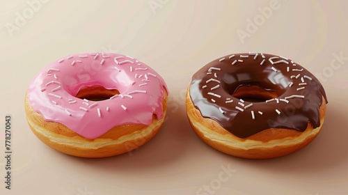 3D vector realistic objects depicting donuts with pink icing and chocolate topping. These items are part of a food icon set.