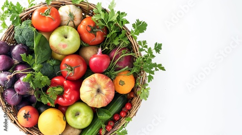 Studio photography of various fruits and vegetables arranged in a basket  isolated on a white backdrop  captured from a top view perspective. 