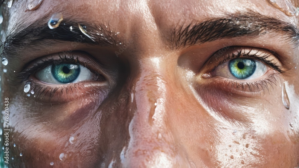 A tight shot of a man's blue eyes, adorned with water droplets cascading down his face A tight shot of a man's blue eyes, adorned with water droplets cascading down his face
