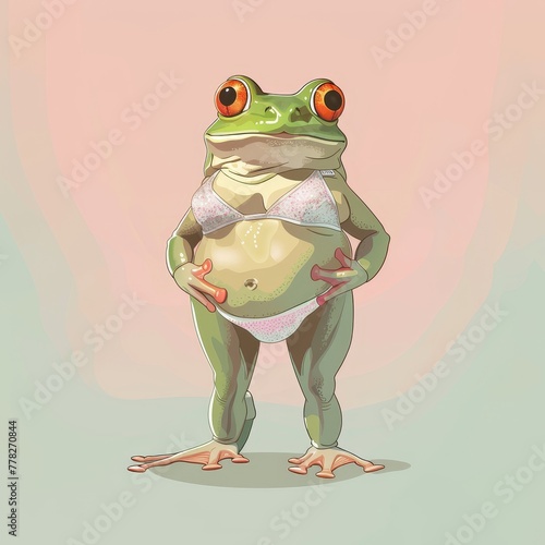 Frog wearing a bikini or swim trunks, Summer theme,  2D illustration, isolate on soft color background