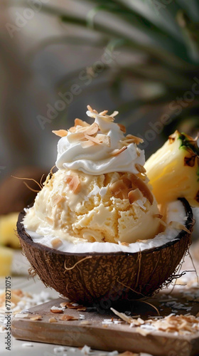 A scoop of pina colada ice cream served in a coconut shell, topped with whipped cream, toasted coconut flakes, and a pineapple wedgedelicious food style, blur background, natural look