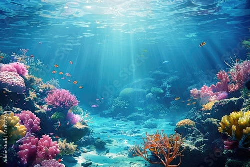 Underwater Paradise: Coral Reefs Teeming with Tropical Fish, Ocean Beauty Illuminated by Sun Rays © Artwork Vector