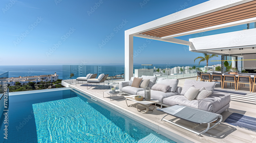 Fototapeta premium Luxury villa swimming pool by the sea,created with Generative AI tecnology.