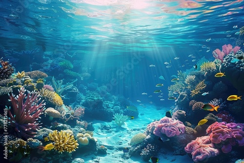 Underwater Paradise: Coral Reefs Teeming with Tropical Fish, Ocean Beauty Illuminated by Sun Rays
