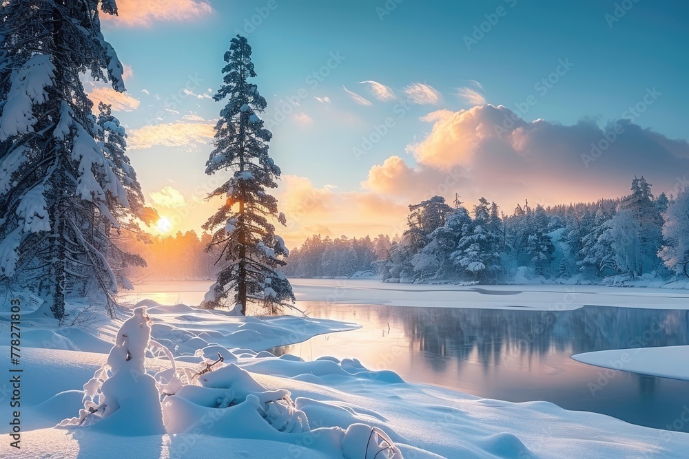 Winter Wonderland: Snow-Covered Pines and Sunset Over Frozen Lake
