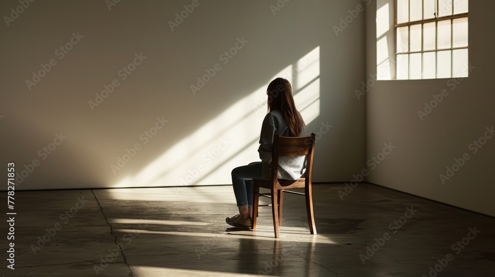 A Woman sits alone on a wooden chair in a large interior room, Embracing minimalism, Finding Peace and Mental Balance, Exploration of Mindfulness A Woman sits alone on a wooden chair in a large interior room, Embracing minimalism, Finding Peace and Mental Balance, Exploration of Mindfulness