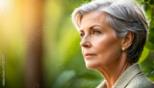   A tight shot of an individual against a backdrop of a green plant, with a woman's face subtly blurred