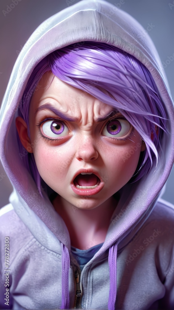 A tight shot of someone in a hoodie, their purple hair framing a shocked countenance, their eyes expressing astonishment A tight shot of someone in a hoodie, their purple hair framing a shocked countenance, their eyes expressing astonishment