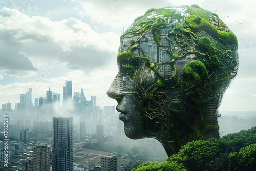 Urban Mindfulness: Conceptual Art of a Green Brain-Shaped Cityscape © Artwork Vector