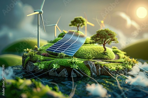 Sustainable Earth: Renewable Energy Concept with Solar Panels and Wind Turbines