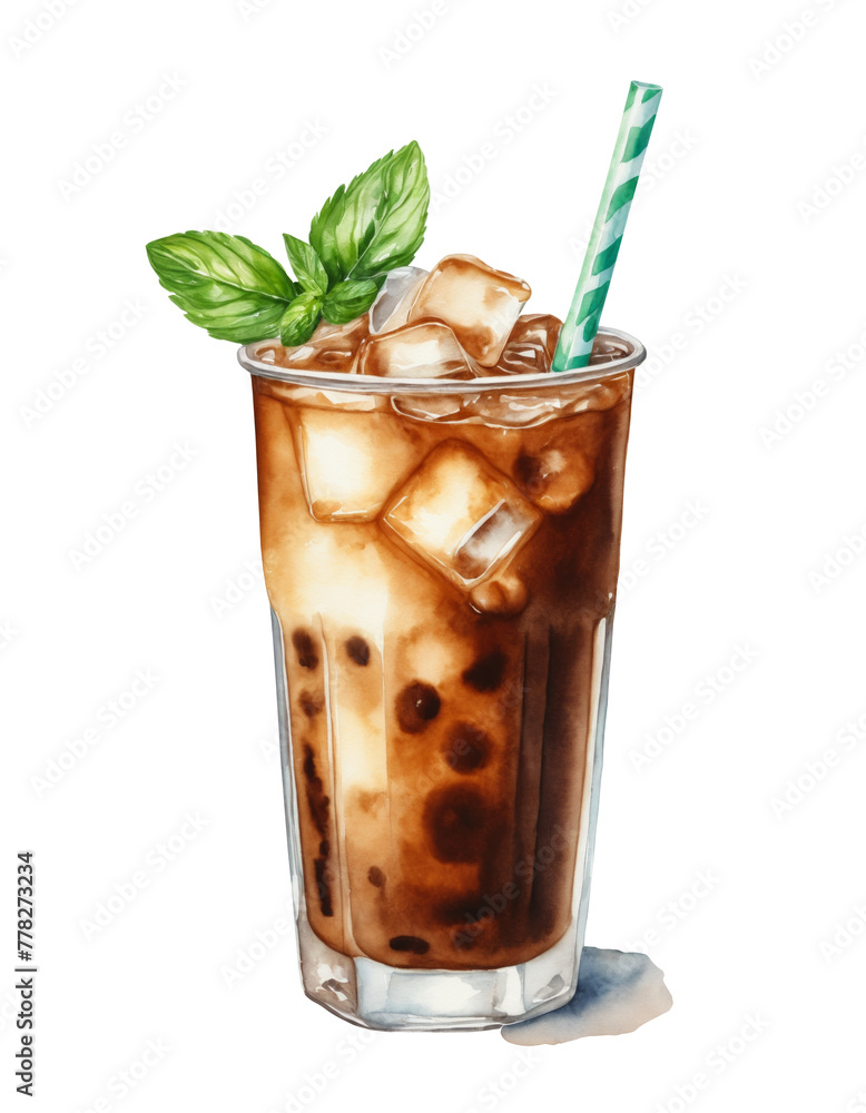 Watercolor illustration of an iced mint latte with cream on a transparent background. Cool drink with whipped cream and mint leaves. Summer beverage clipart. Watercolor illustration of an iced mint latte with cream on a transparent background. Cool drink with whipped cream and mint leaves. Summer beverage clipart.
