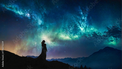 dark silhouette of a woman that stands before a beautiful moving night sky with galaxies and stars photo