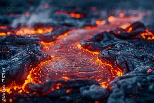 Close-Up View of Molten Lava Flowing on Volcanic Landscape at Twilight photo