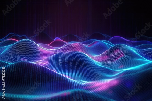 Digital Soundscape: Abstract Grid Pattern with Neon Waves and Light Particles
